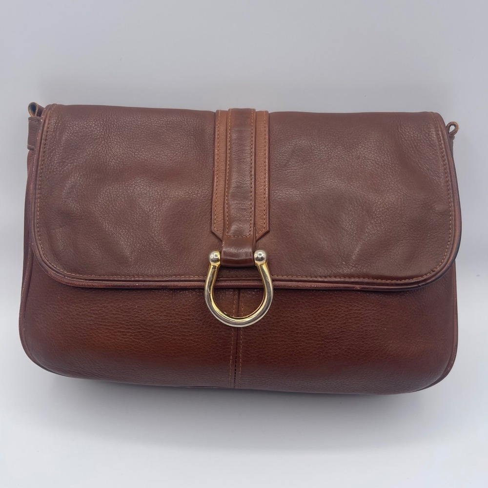 Vintage Braciano Brown Leather Convertible Clutch Bag Purse Stirrup Accent